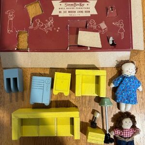Strombecker Yellow and Blue Dollhouse Furniture Set with Cloth Dolls